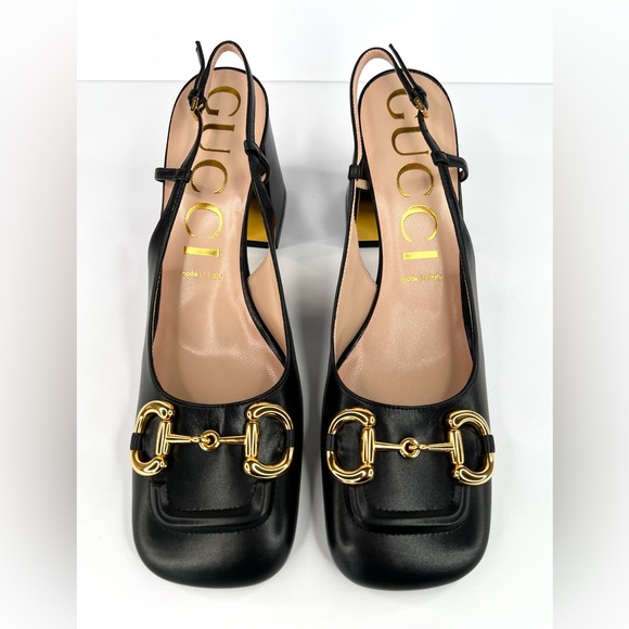 Gucci Black Leather Heels with Gold Detailing - Picture 10 of 11